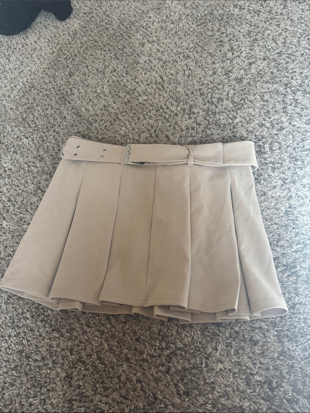 Pleated A-Line Mini Skort with Belt - Cream. Zipper in back